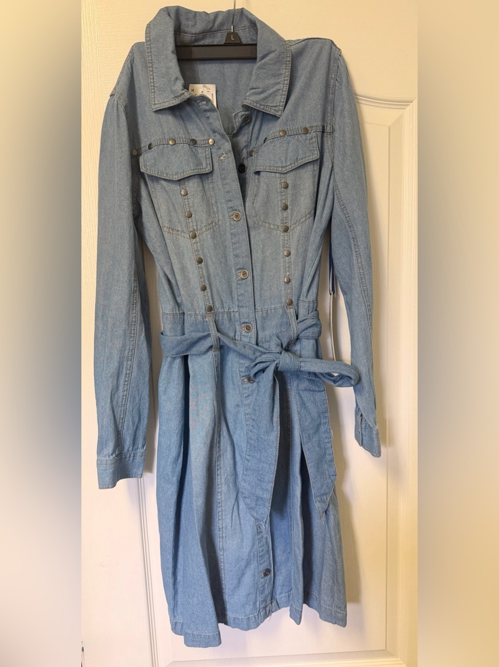 Light Blue Denim Trench Jacket Dress with Waist Tie
